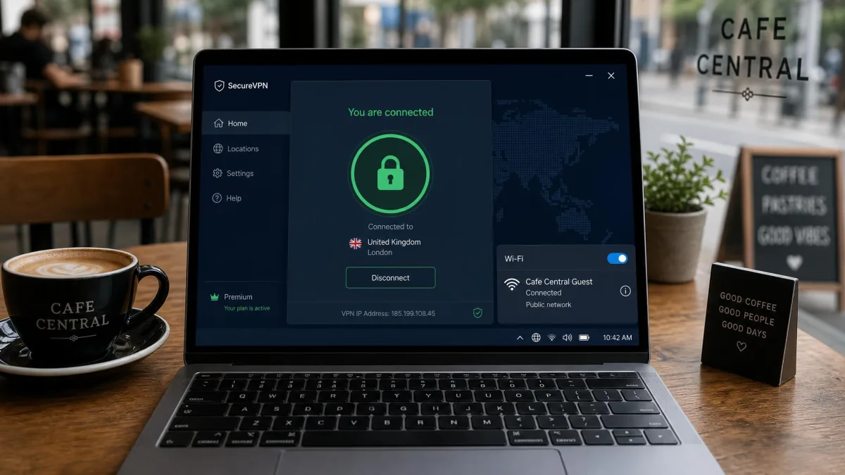 A laptop on a café table showing a VPN app in the connected state over a public Wi-Fi network named as a guest hotspot.