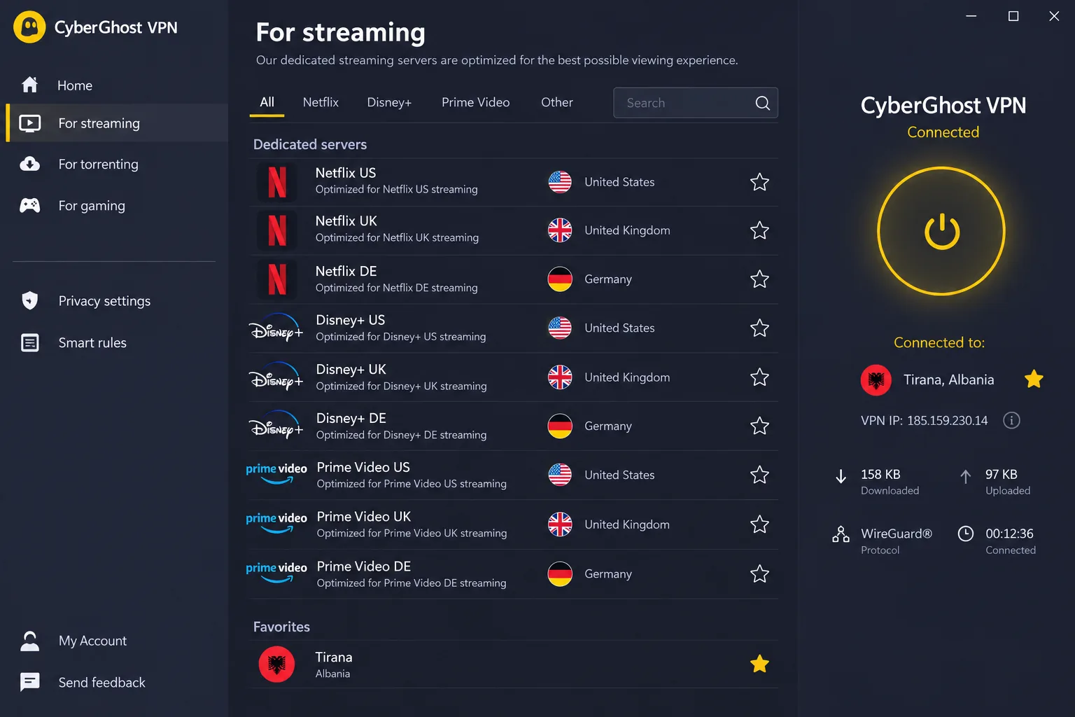 CyberGhost's desktop app showing the "For streaming" server tab with dedicated Netflix, Disney+ and Prime Video servers listed, and a Tirana server pinned to favorites.