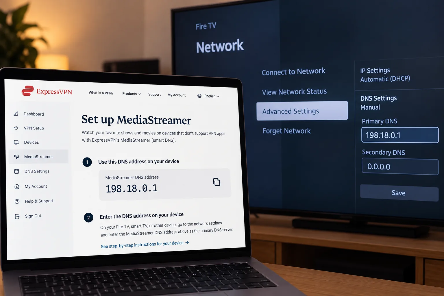 ExpressVPN's MediaStreamer setup page showing a smart DNS address to enter on a Fire TV or smart TV, with the TV's network settings screen open beside it.