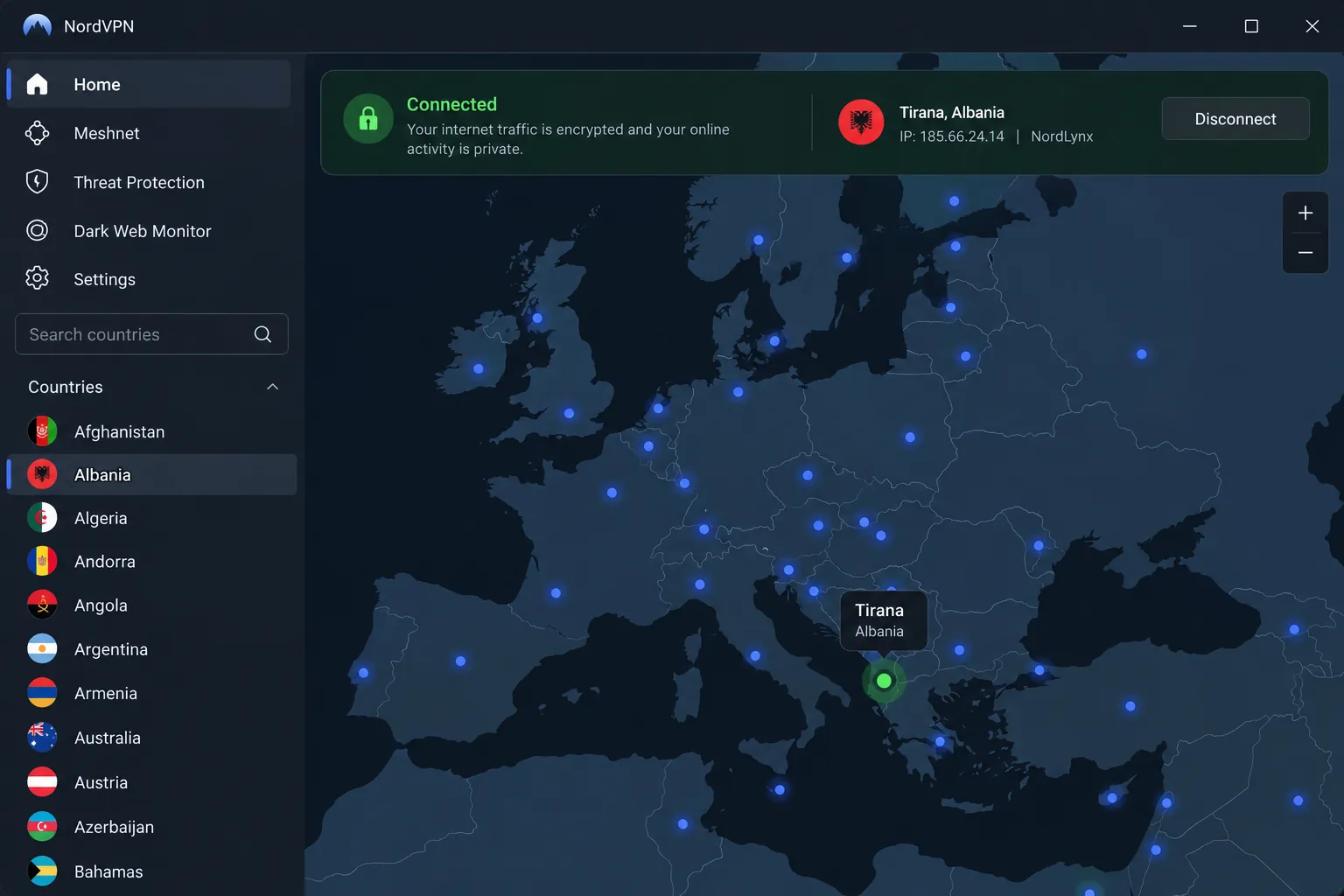 NordVPN's Windows app with Albania selected in the country list and a connected status banner showing a Tirana server and the NordLynx protocol.