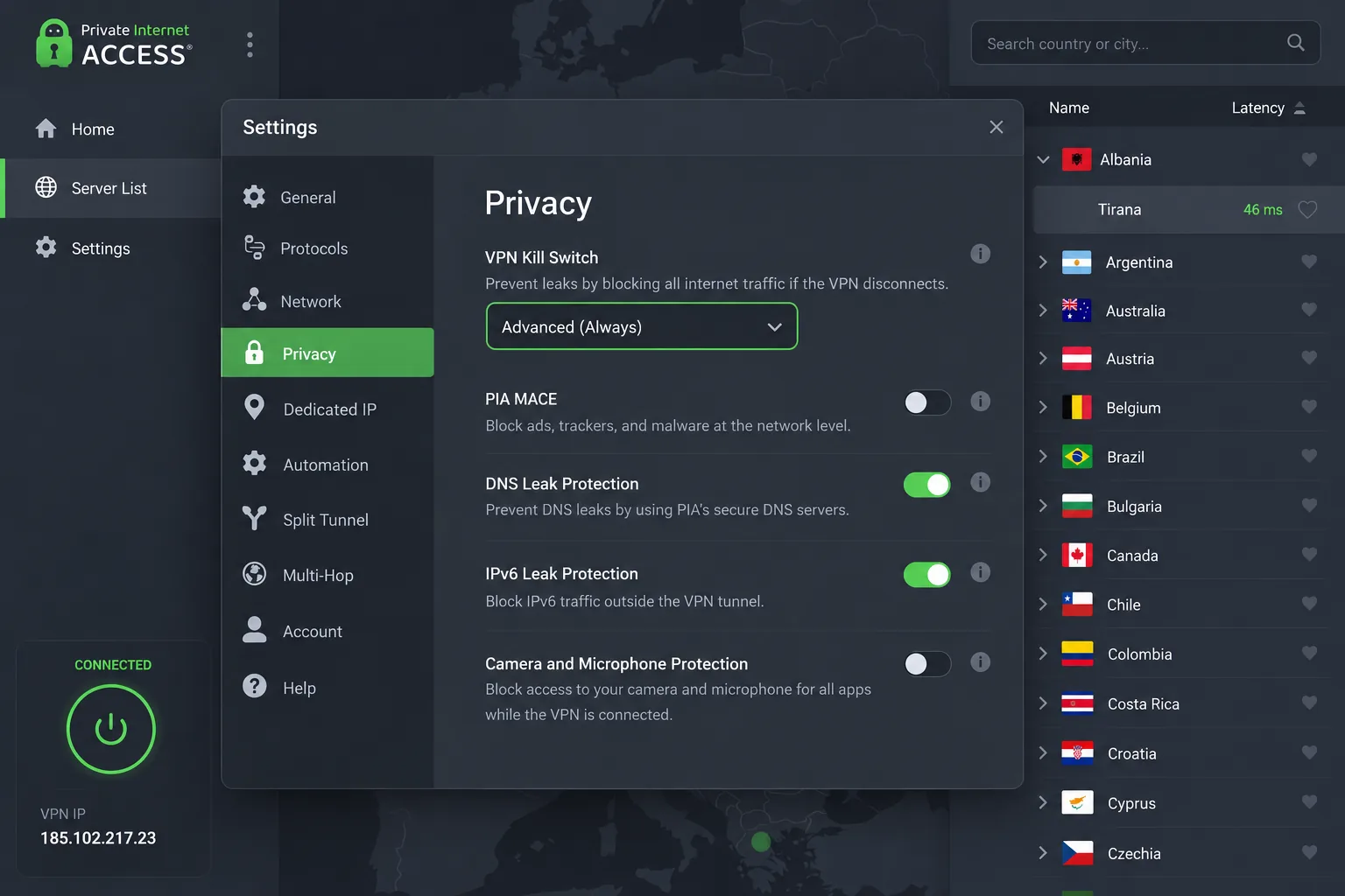 Private Internet Access's Privacy settings screen with the kill switch set to Advanced (Always), and the Albania Tirana region visible in the server list behind it.