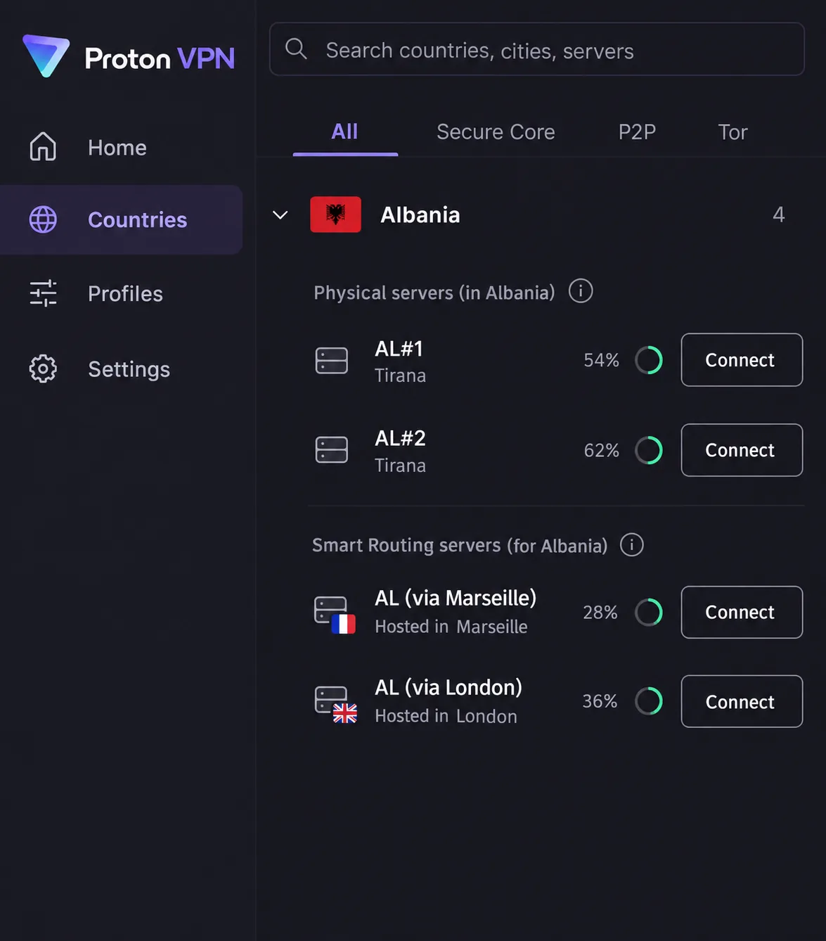 Proton VPN's server list with Albania expanded, showing physical Albanian servers alongside Smart Routing servers labeled as hosted in Marseille and London.