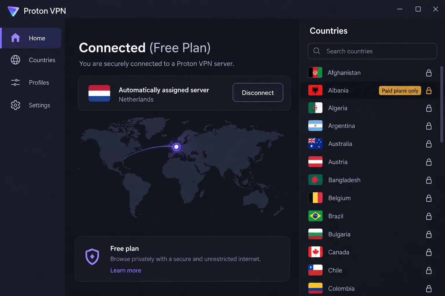 Proton VPN's free plan home screen showing an automatically assigned server and a locked country list, with Albania marked as available on paid plans only.