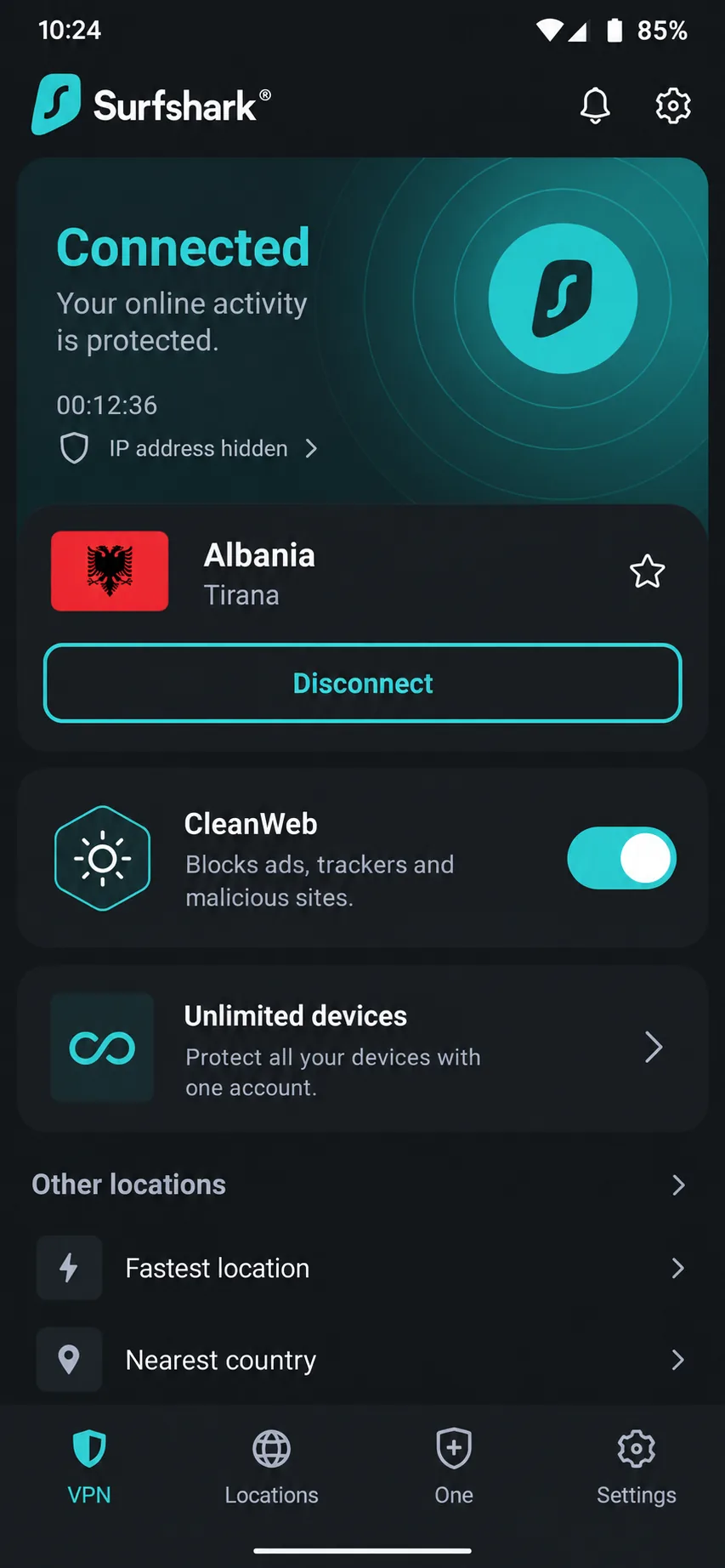 Surfshark's Android app connected to its Albania location, with the CleanWeb toggle and the unlimited devices notice visible on the home screen.