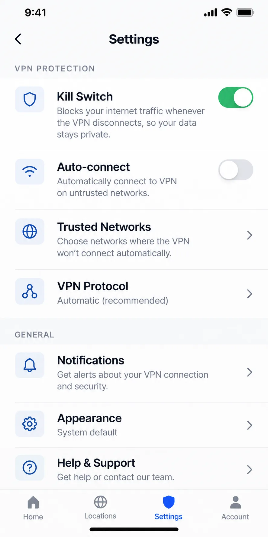 A VPN app's Settings screen on a phone with the kill switch toggle switched on and a short explanation that internet traffic is blocked whenever the VPN disconnects.