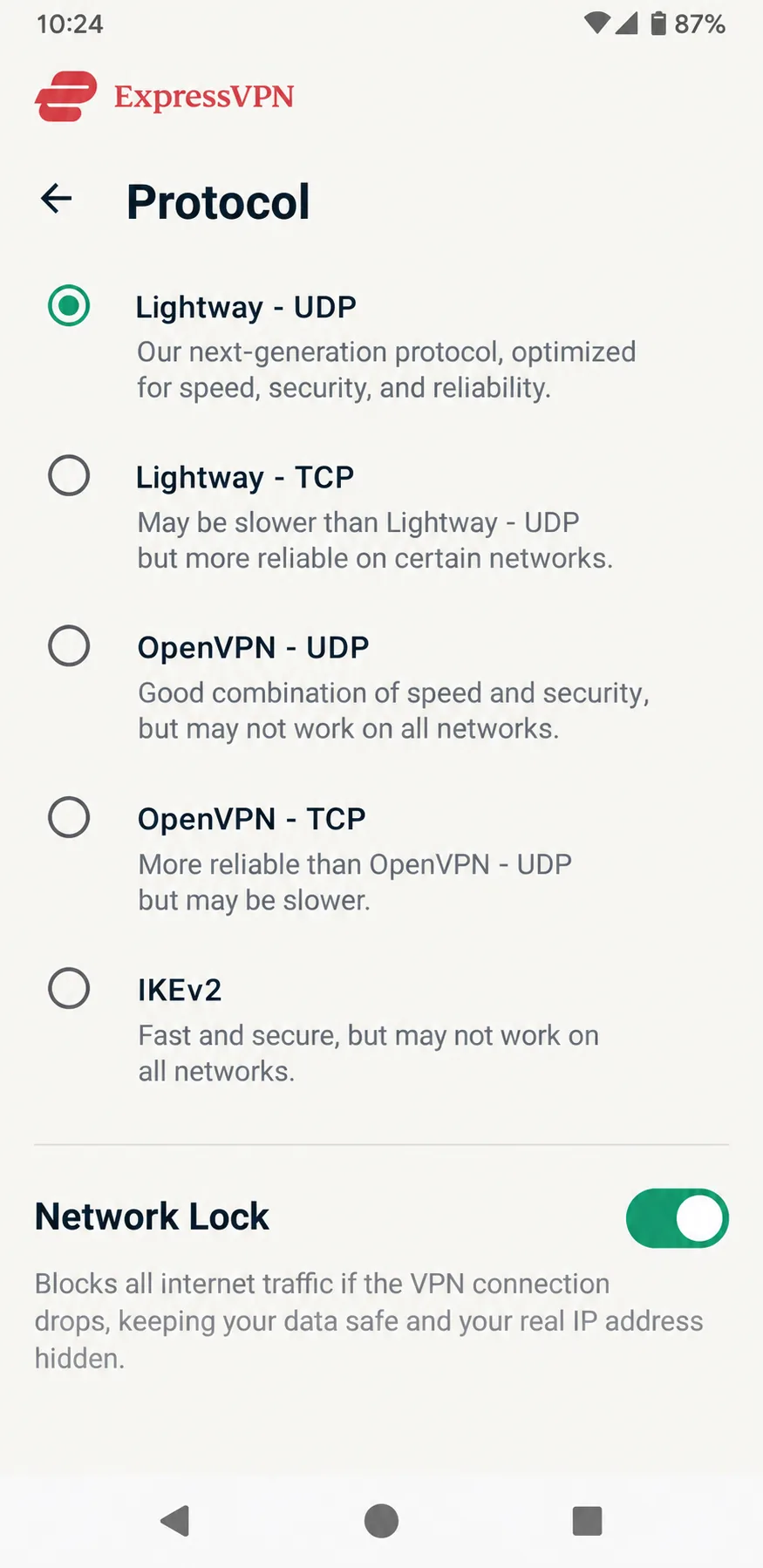 ExpressVPN's Android app on the protocol settings screen with Lightway UDP selected and the Network Lock kill switch toggle shown as enabled.