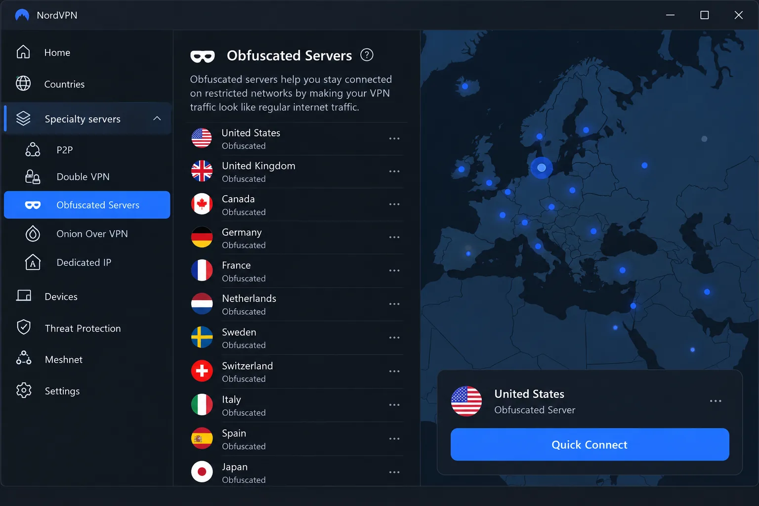 NordVPN's Windows app with the Specialty servers list expanded and the Obfuscated Servers category highlighted, ready to connect on a restricted network.