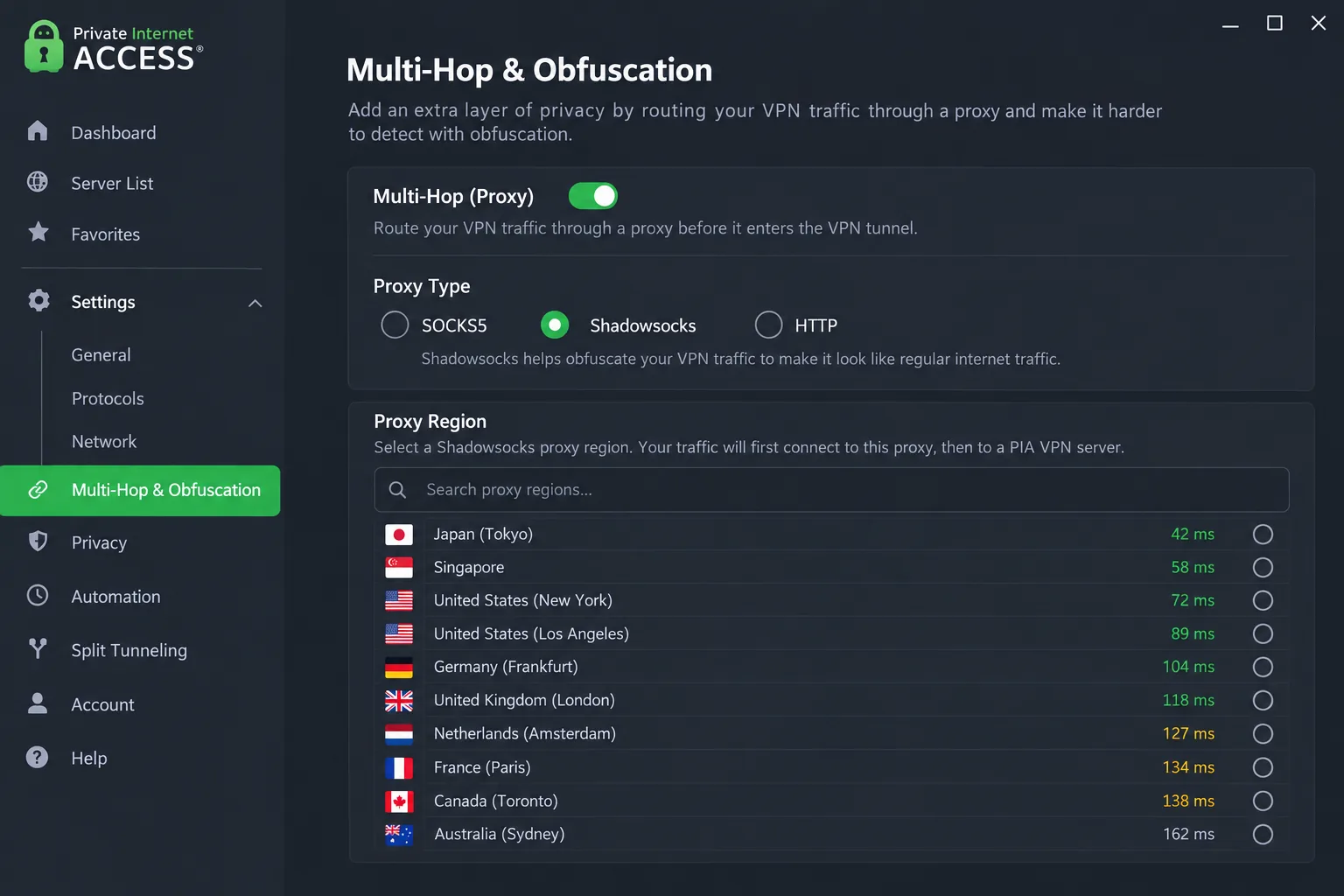 Private Internet Access desktop app on the Multi-Hop and Obfuscation settings page, with Shadowsocks selected and a list of proxy regions shown below.