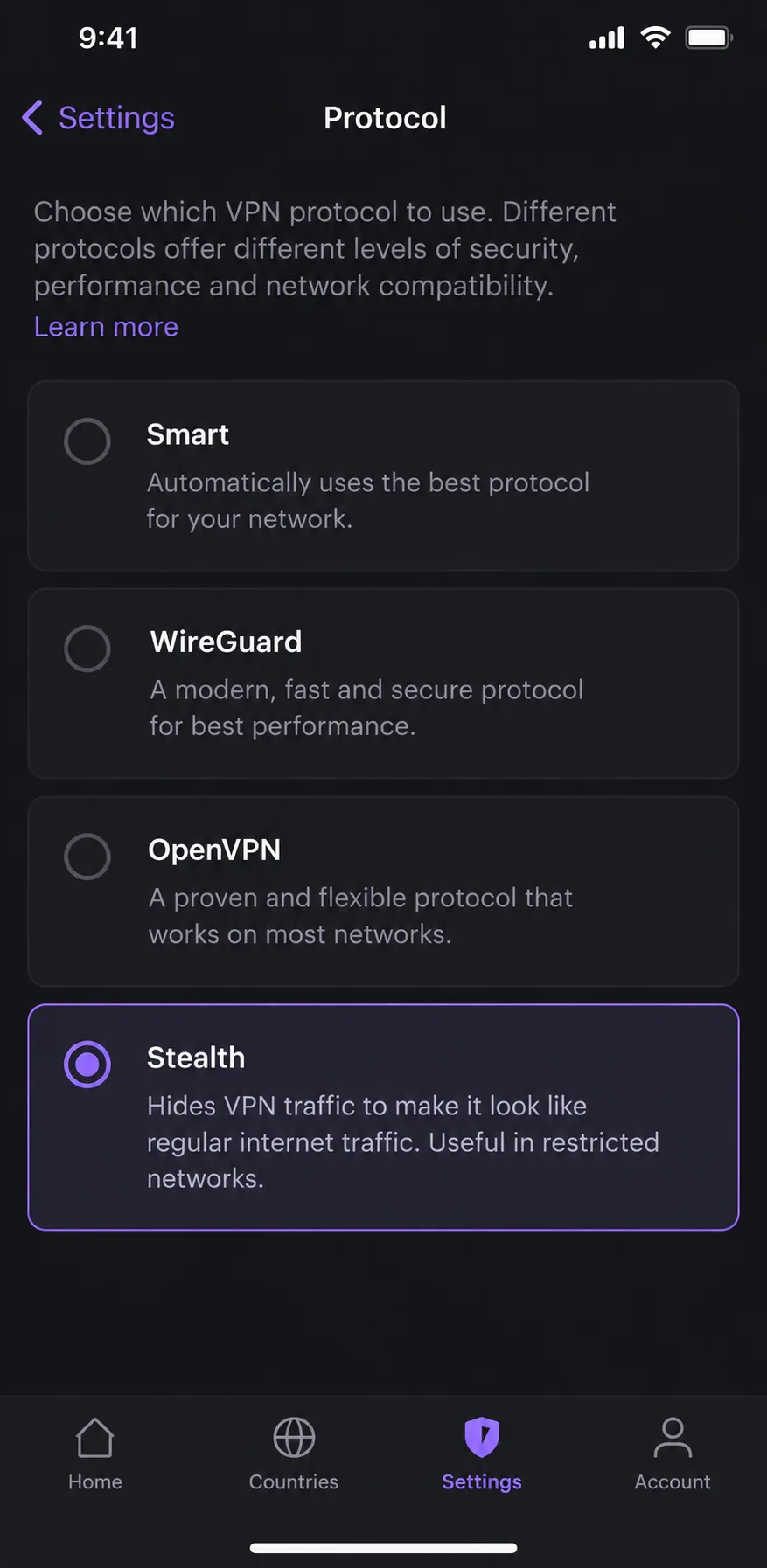 Proton VPN's iPhone app on the Protocol settings screen with Stealth selected, alongside Smart, WireGuard and OpenVPN options.