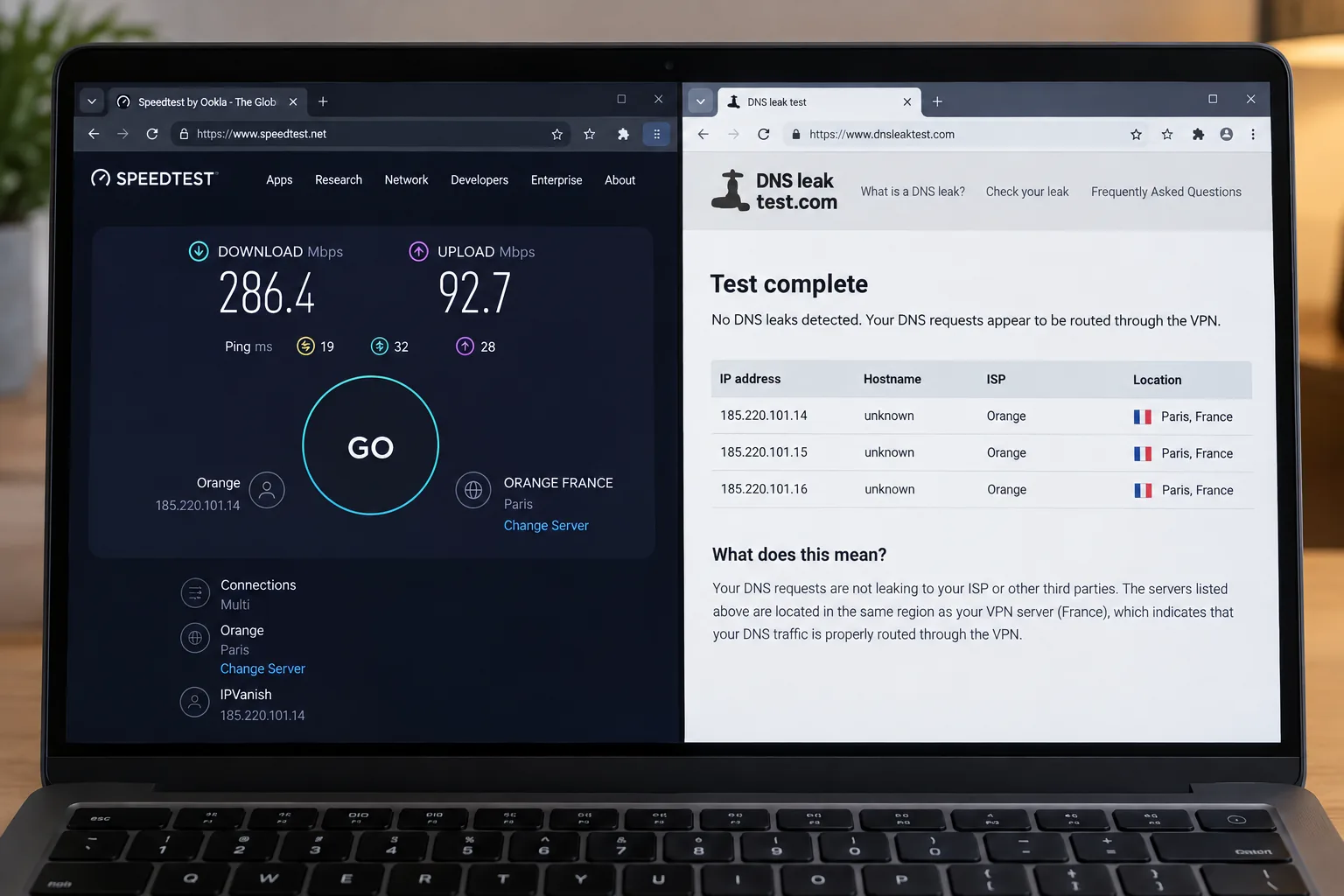 A laptop screen with a speed test result on the left and a DNS leak test page on the right, both run while connected to a VPN server in France.