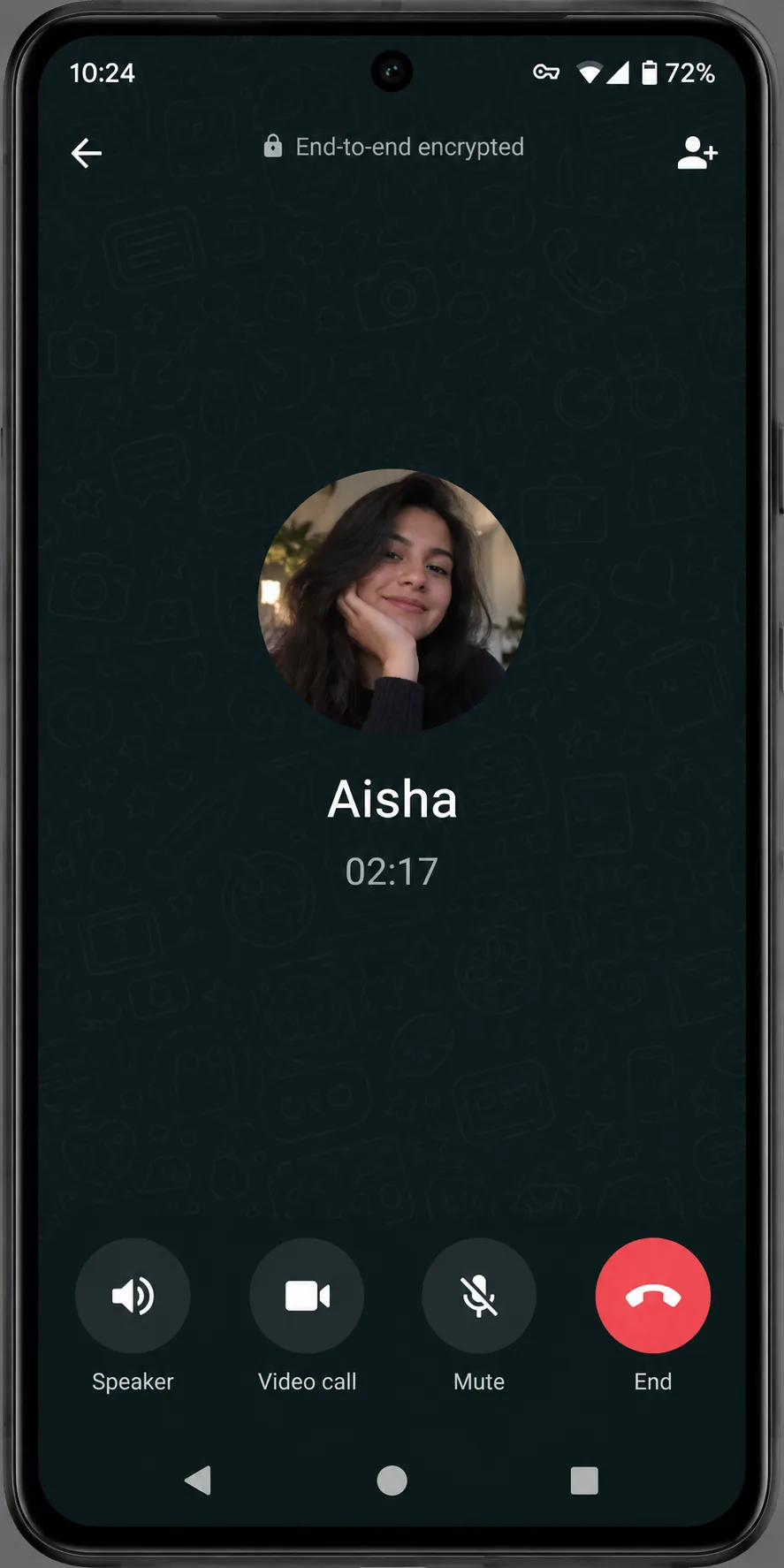An Android phone mid-call in WhatsApp with a VPN key icon visible in the status bar, showing the call timer running past two minutes.
