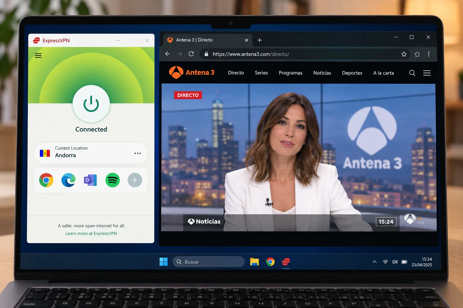 ExpressVPN's app connected to its Andorra location on a laptop, with an Antena 3 stream playing in a browser window beside it.