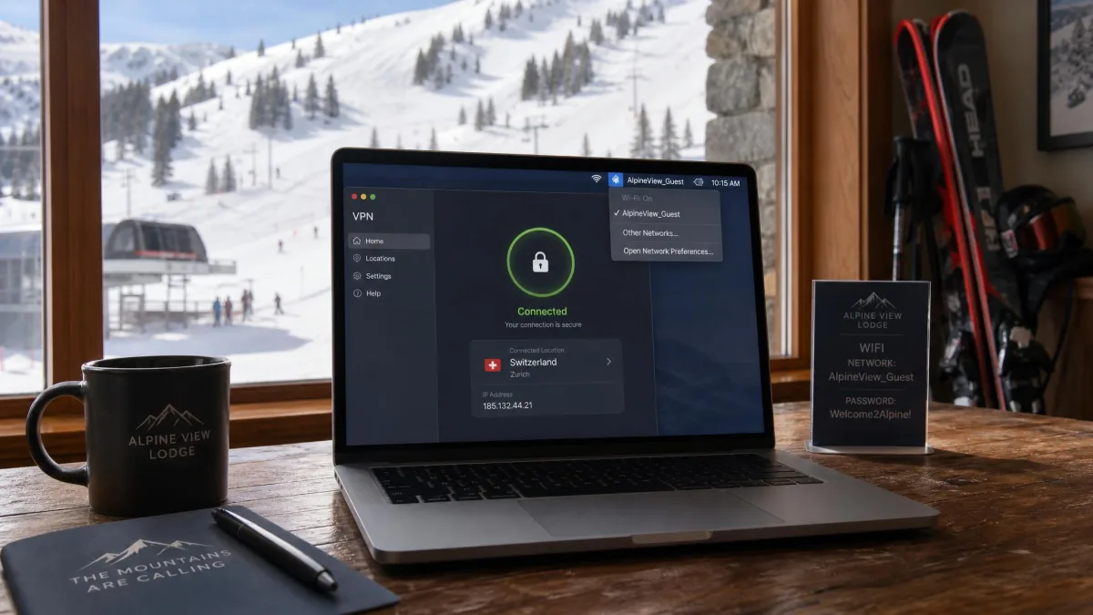 A laptop on a ski-lodge table with snowy slopes through the window, a VPN app showing a connected status over hotel Wi-Fi.