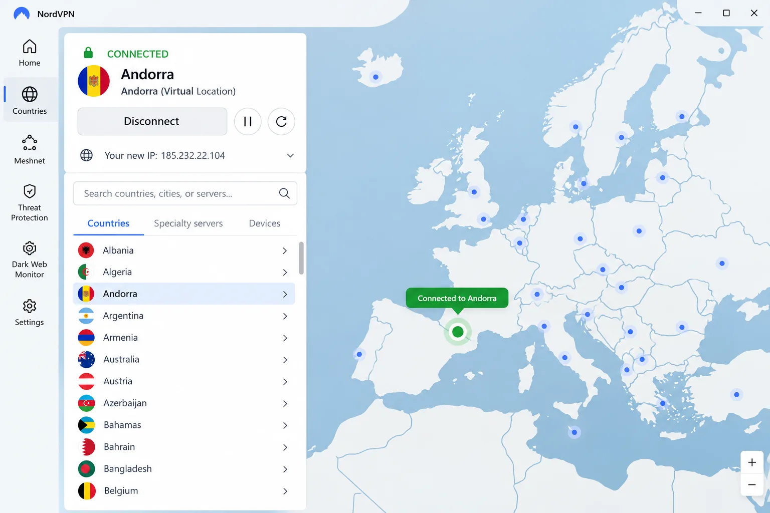 NordVPN's Windows app connected to the Andorra virtual location, with the server list open and the Connected status in green.