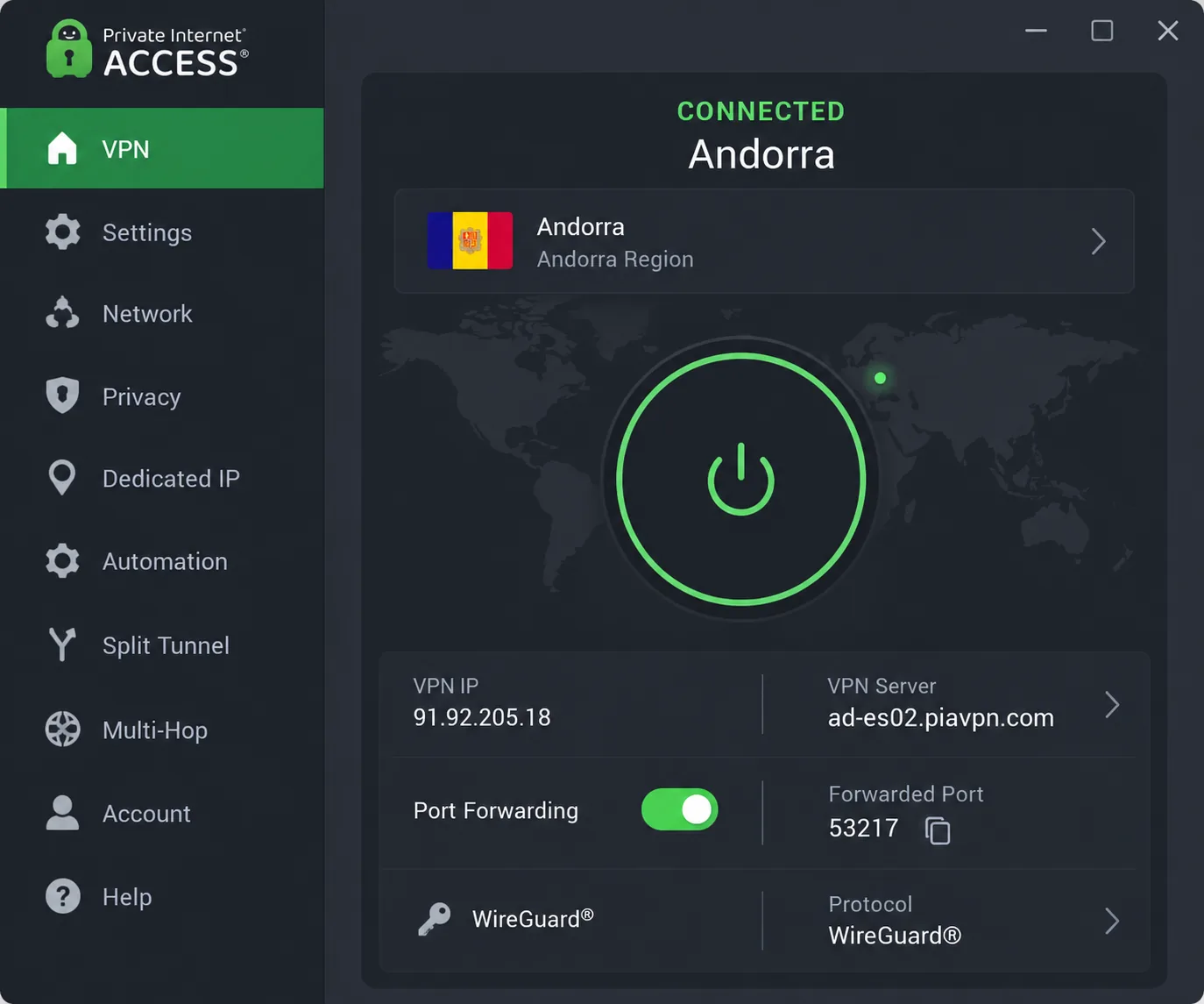 Private Internet Access desktop app connected to the Andorra region, with the port forwarding toggle on and the forwarded port number shown.