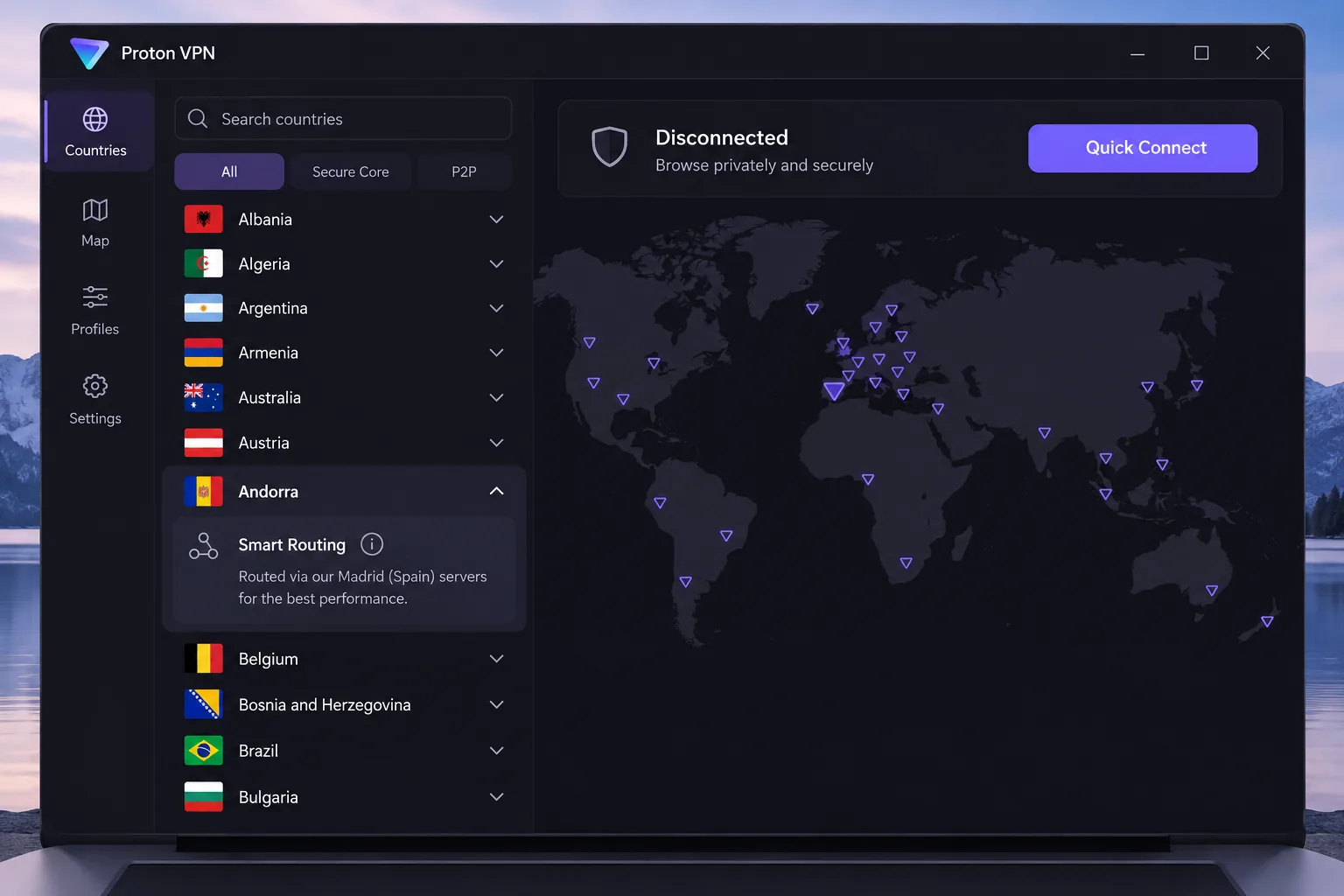 Proton VPN's server list on a laptop with Andorra expanded, showing the Smart Routing label and its Madrid hosting note.