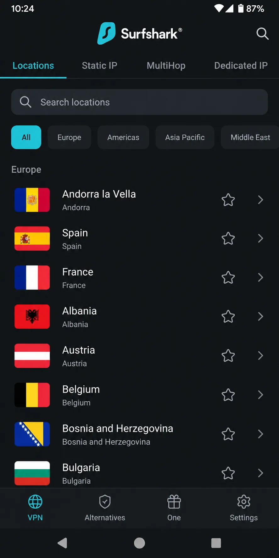 Surfshark's Android app showing the Andorra la Vella location in the server list, with Spain and France listed below it.