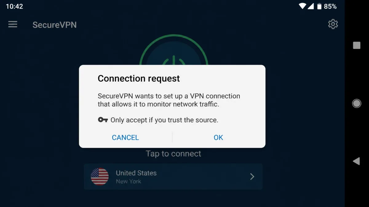 An Android system dialog box requesting permission to set up a VPN connection, with Cancel and OK buttons, shown over a VPN app's connect screen.