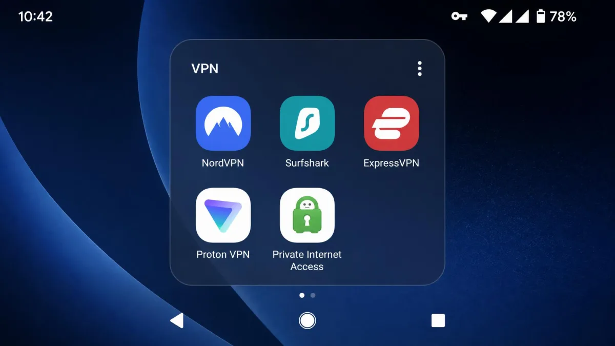 An Android phone home screen showing the app icons for NordVPN, Surfshark, ExpressVPN, Proton VPN and Private Internet Access grouped in a folder, with the notification bar showing an active VPN key icon.