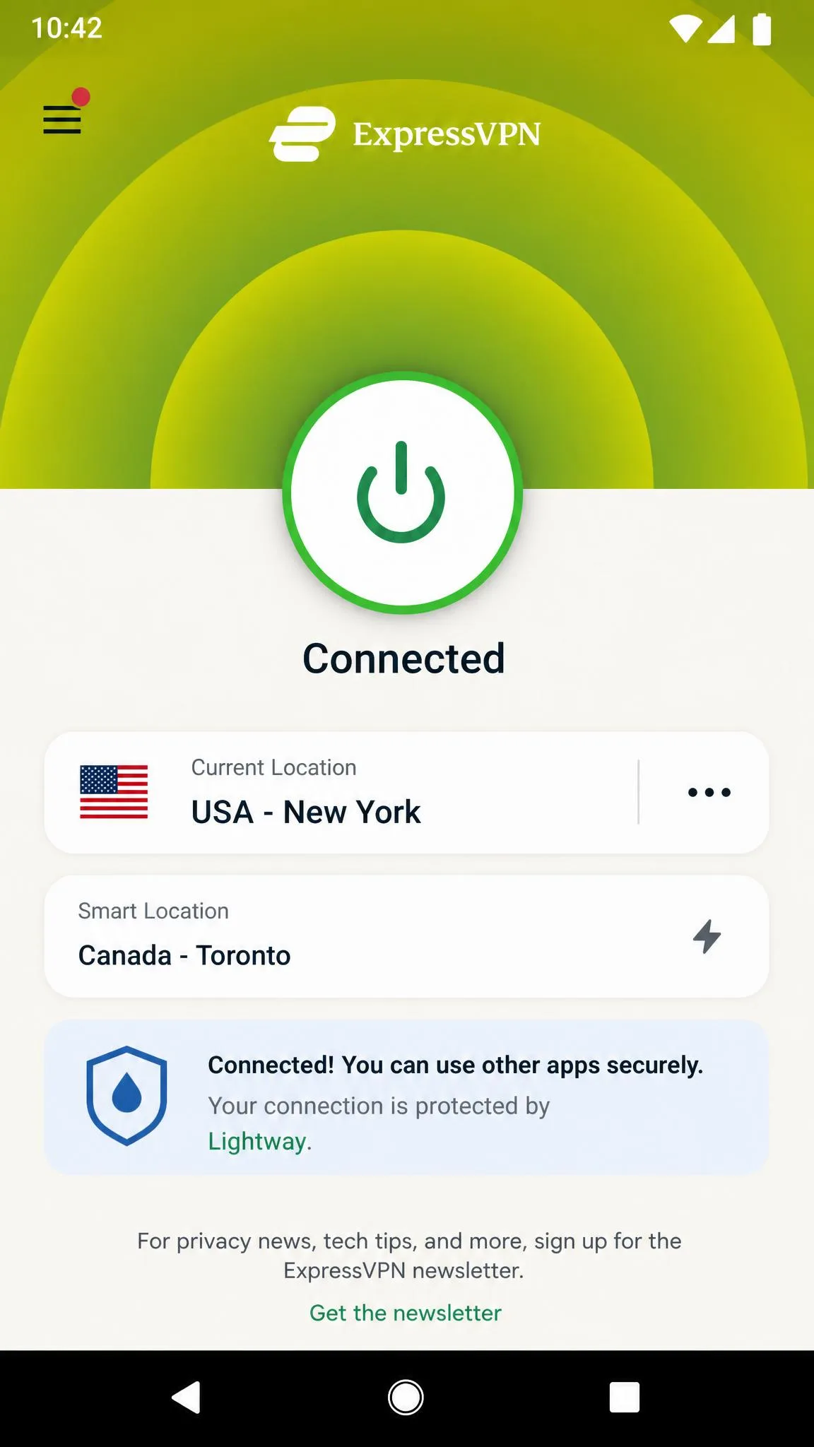 The ExpressVPN Android app showing the large circular quick-connect button in the connected green state, with the selected location and Lightway protocol displayed beneath it.