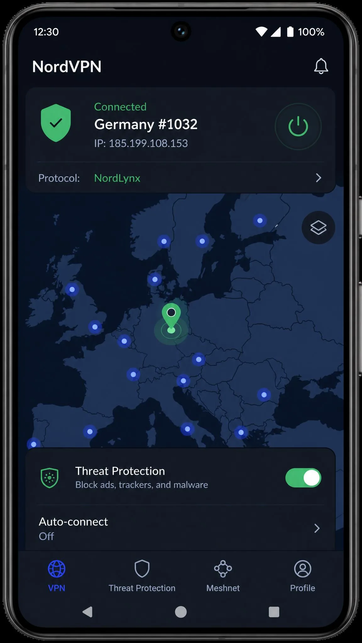 The NordVPN Android app showing a connected state with a green shield, the NordLynx protocol label, and a map of Europe with a selected server pin, plus the Threat Protection toggle switched on.