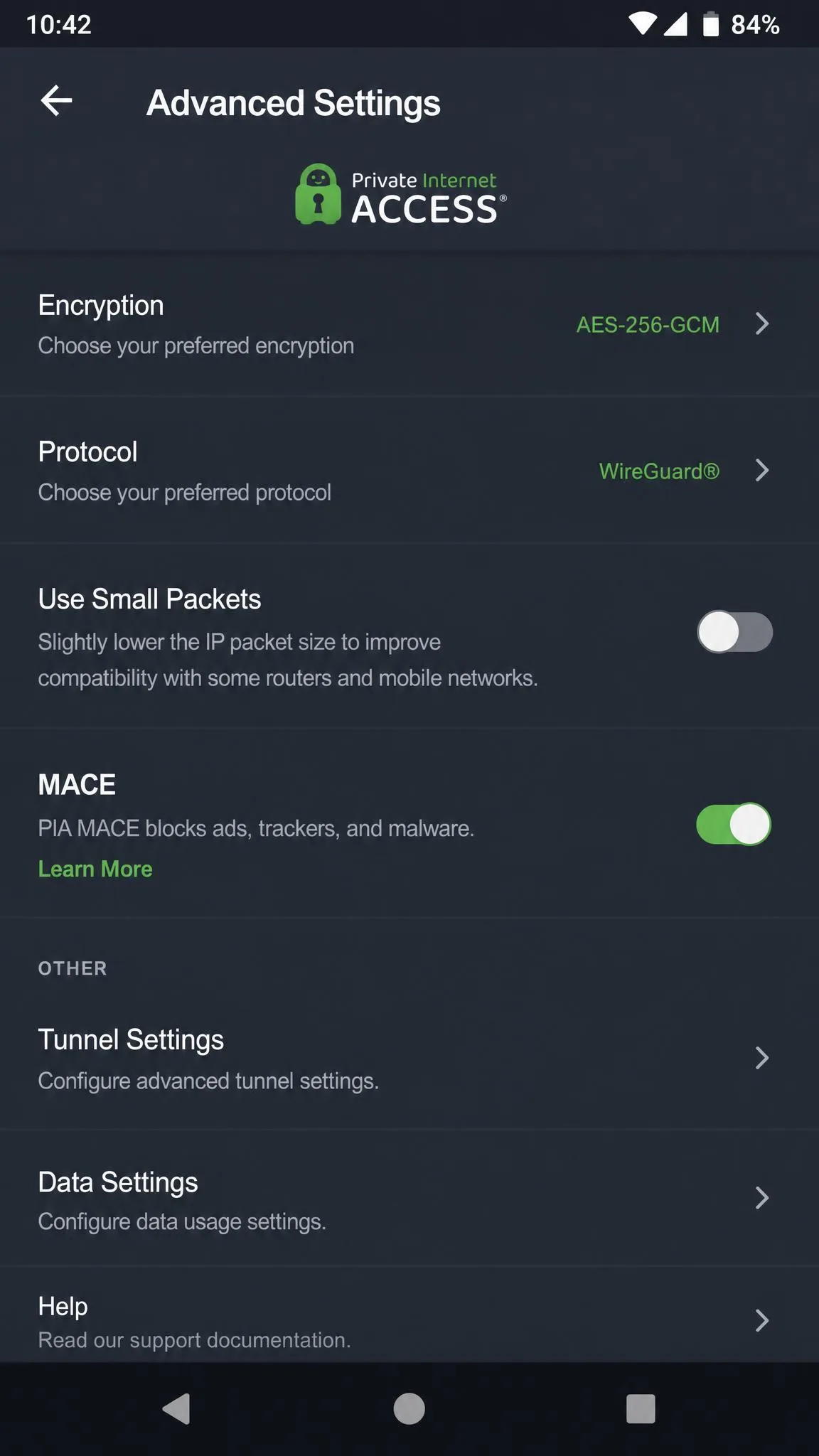 The Private Internet Access Android app advanced settings screen showing the encryption, protocol, and Use Small Packets toggles, with the MACE ad blocker enabled.