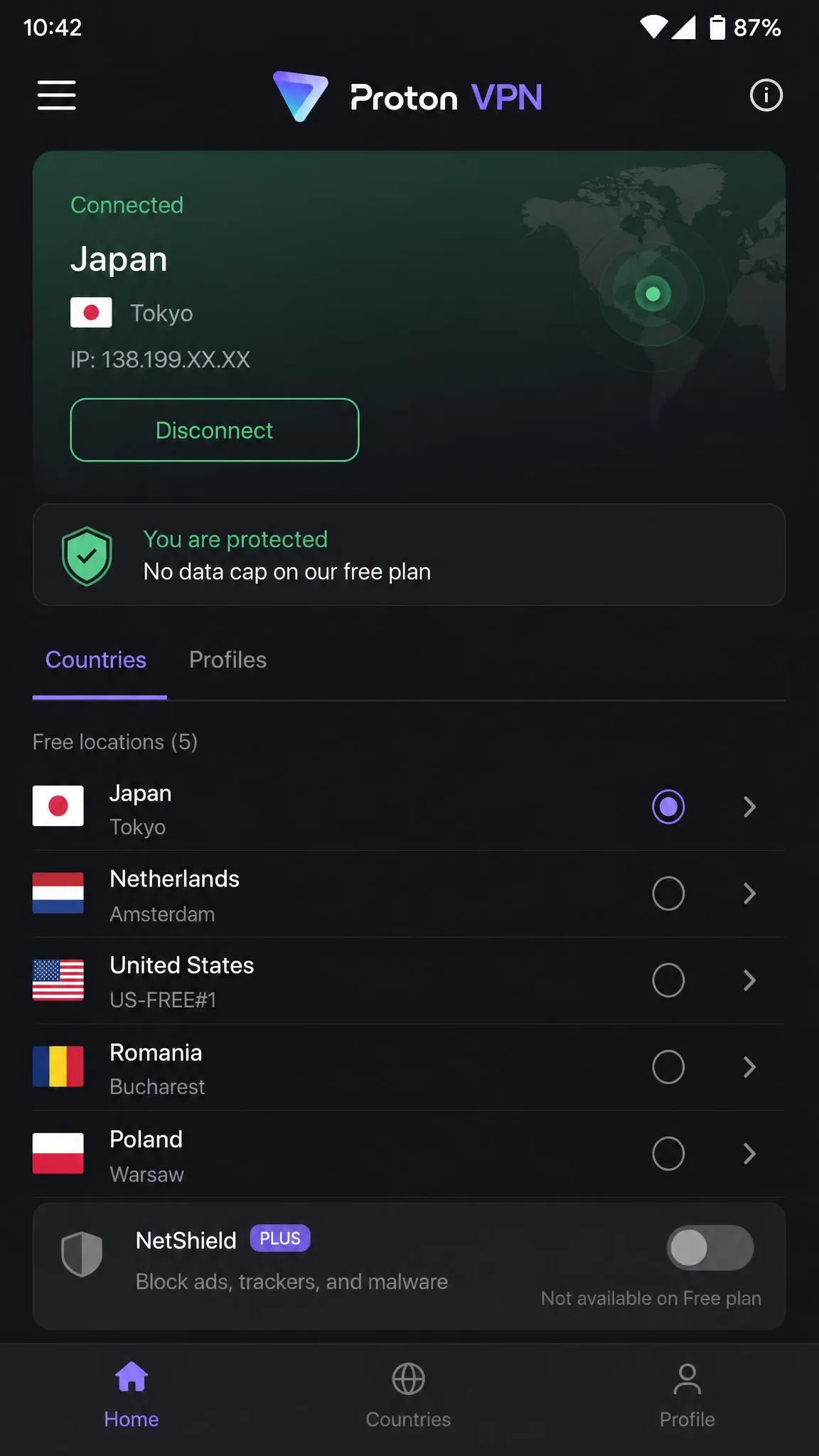 The Proton VPN Android app free plan showing the limited list of available free countries, a connected status with no data cap notice, and the NetShield toggle greyed out on the free tier.