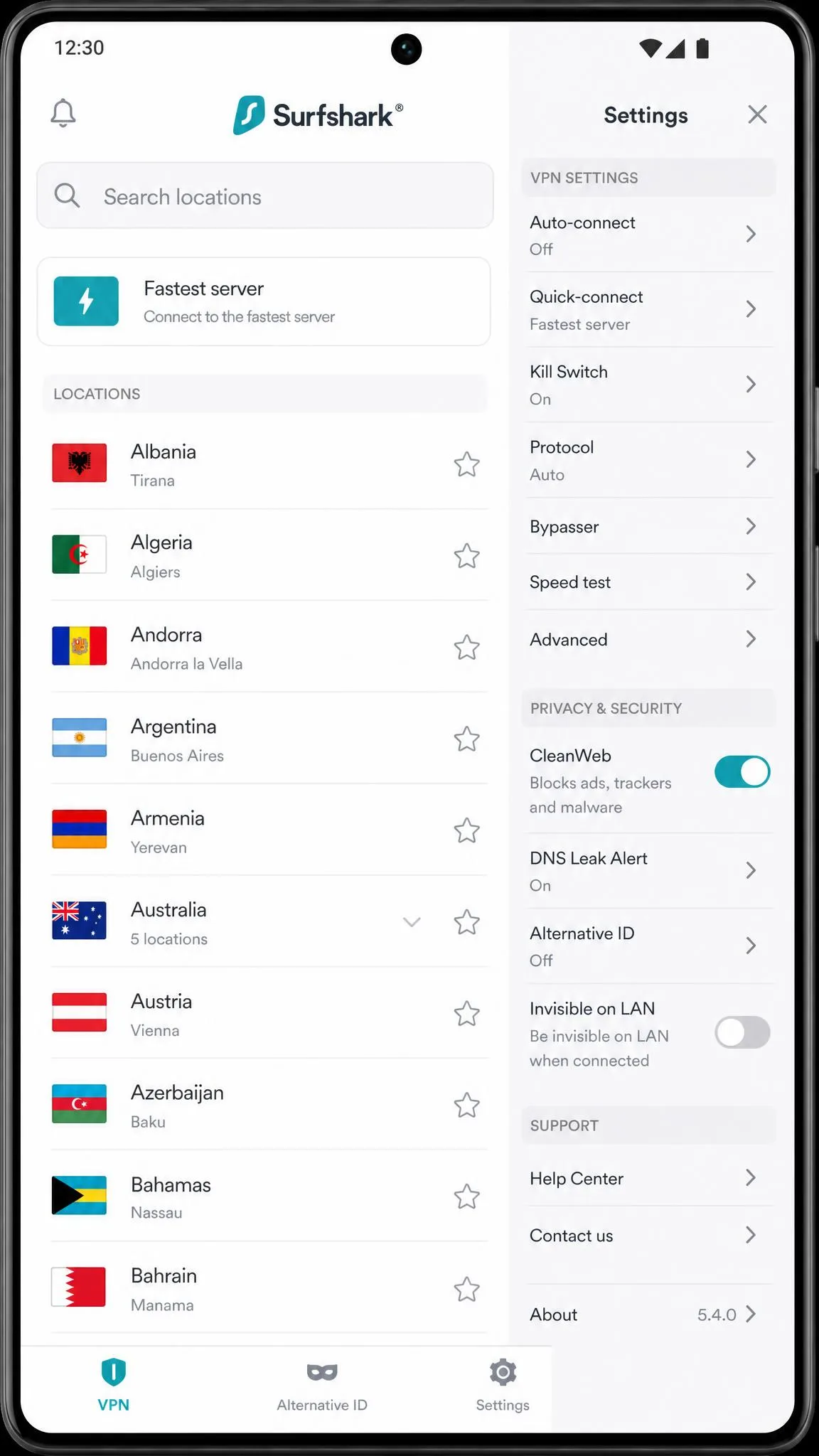 The Surfshark Android app showing the server location list with search bar, a Fastest server option at the top, and the CleanWeb toggle enabled in the settings panel.