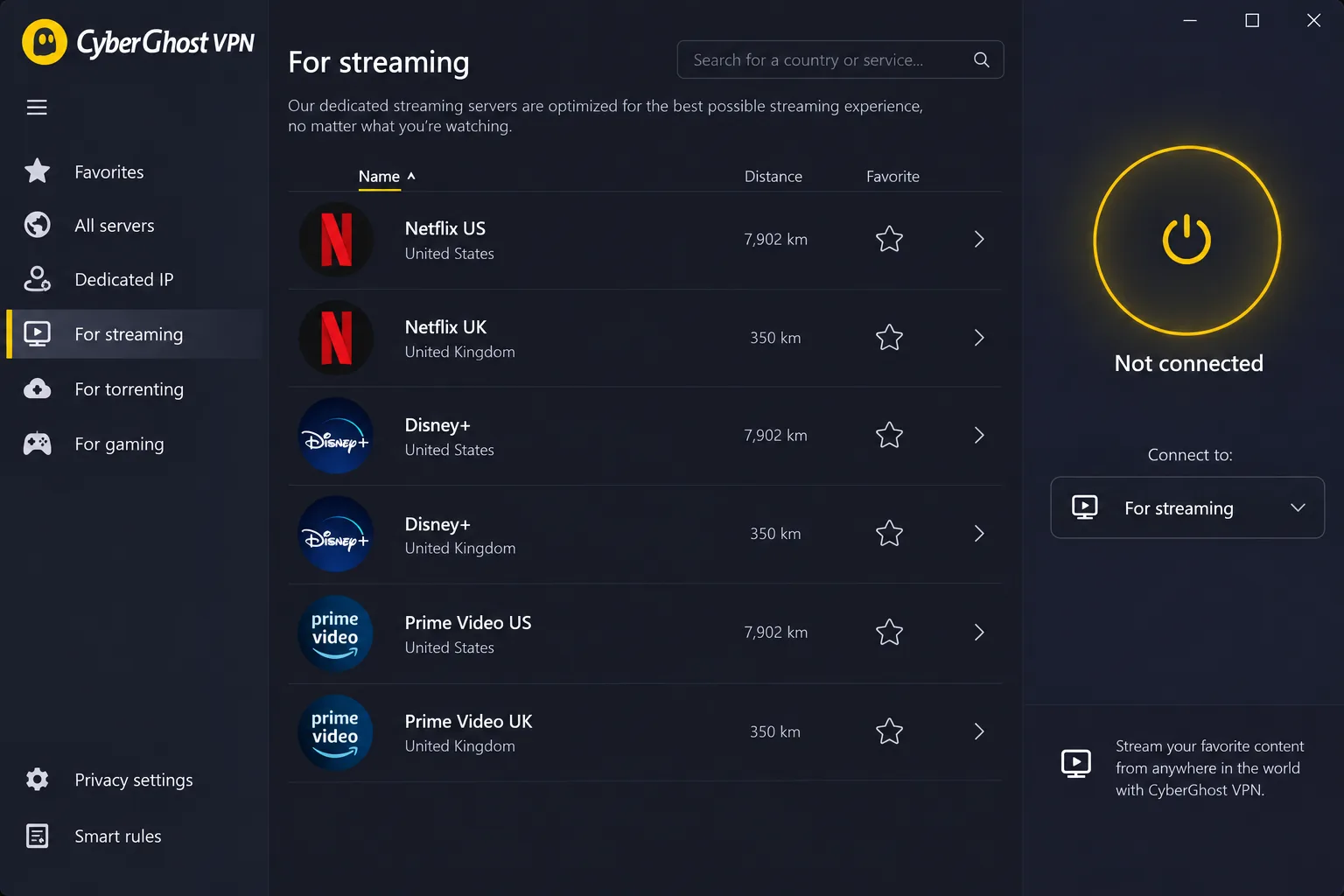 CyberGhost's Windows app with the For streaming server list open, showing dedicated Netflix US and Netflix UK entries above Disney+ and Prime Video servers.
