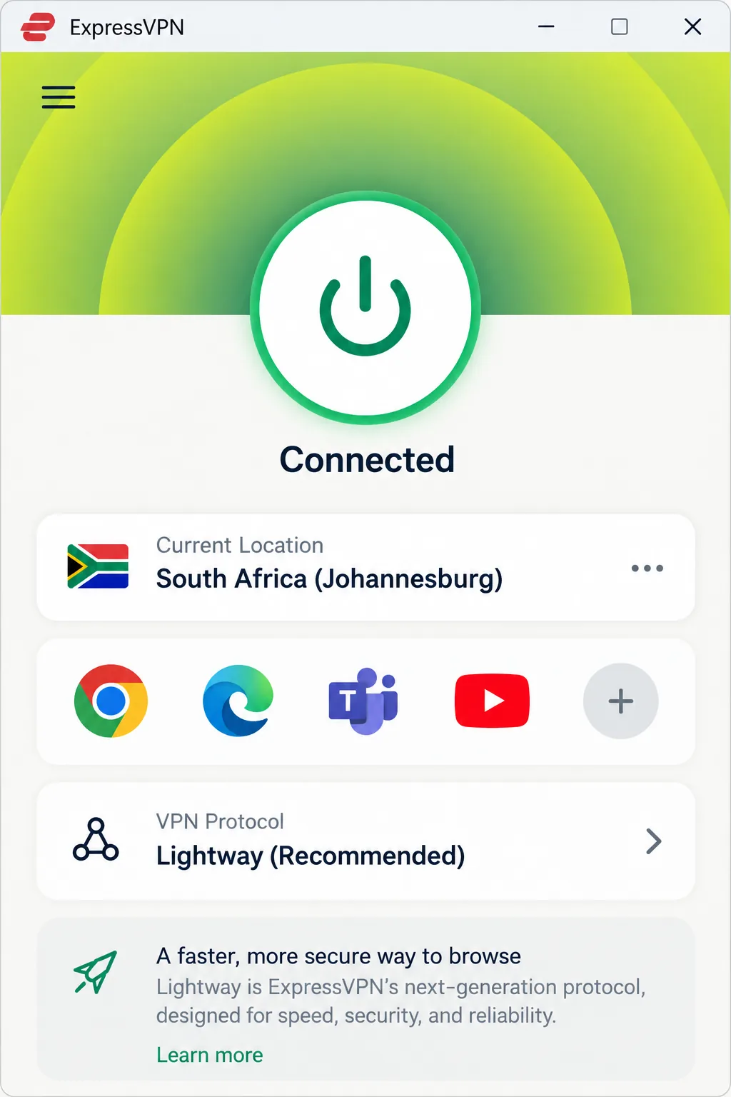 ExpressVPN's desktop app connected to its South Africa (Johannesburg) location, showing the large power button in the connected state and Lightway selected as the protocol.