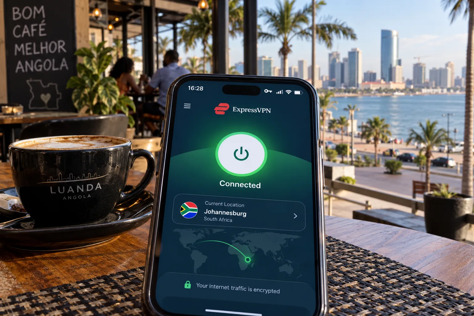 A smartphone on a café table in Luanda showing a VPN app connected to a Johannesburg server, with the VPN key icon visible in the status bar.