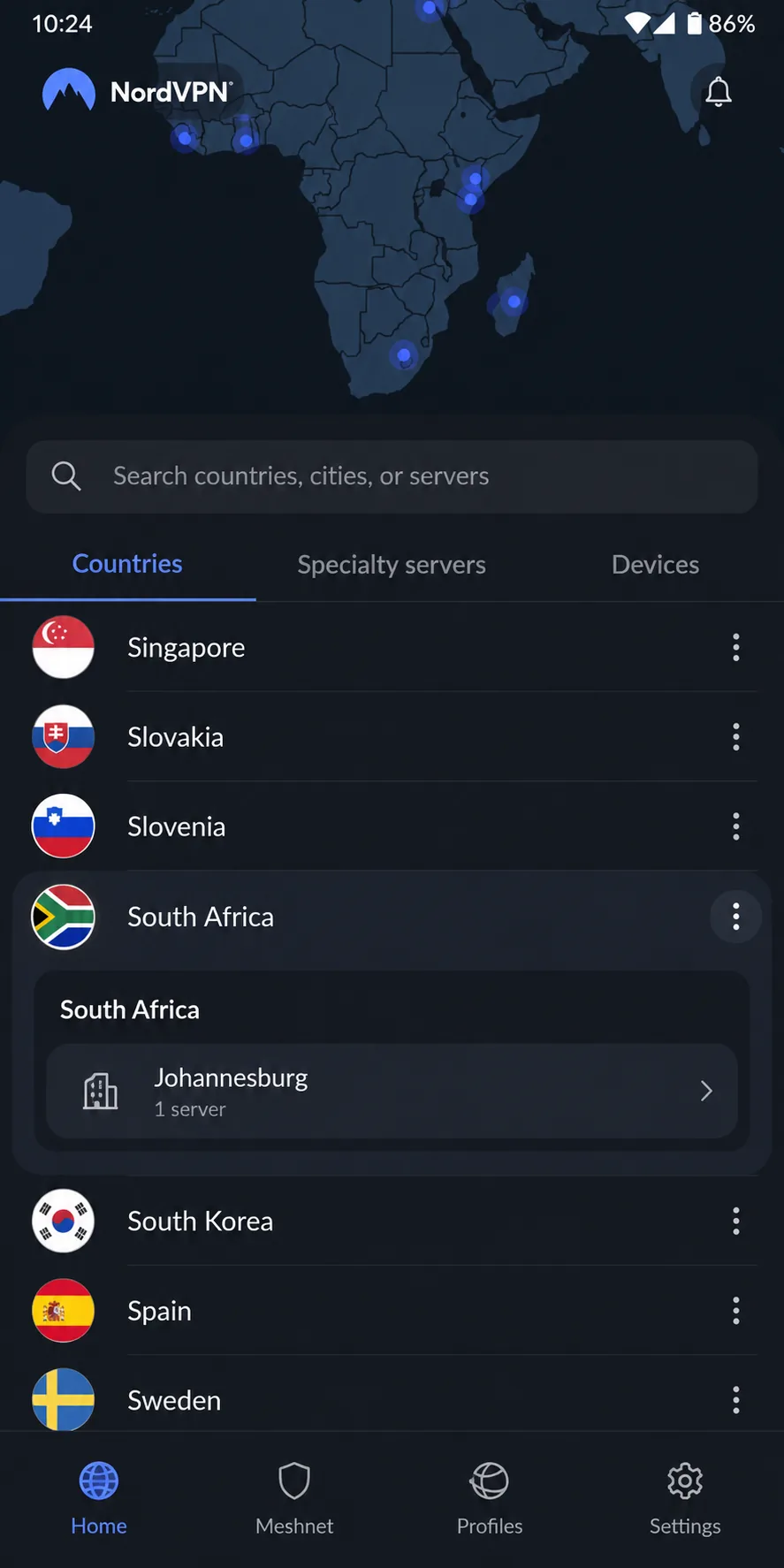 NordVPN's mobile app showing the South Africa country entry expanded to Johannesburg, opened from the three-dot menu next to the country name.