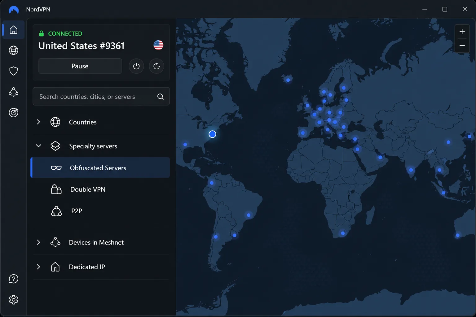 NordVPN's Windows app server list with the Specialty servers section expanded and the Obfuscated Servers category highlighted above Double VPN and P2P.