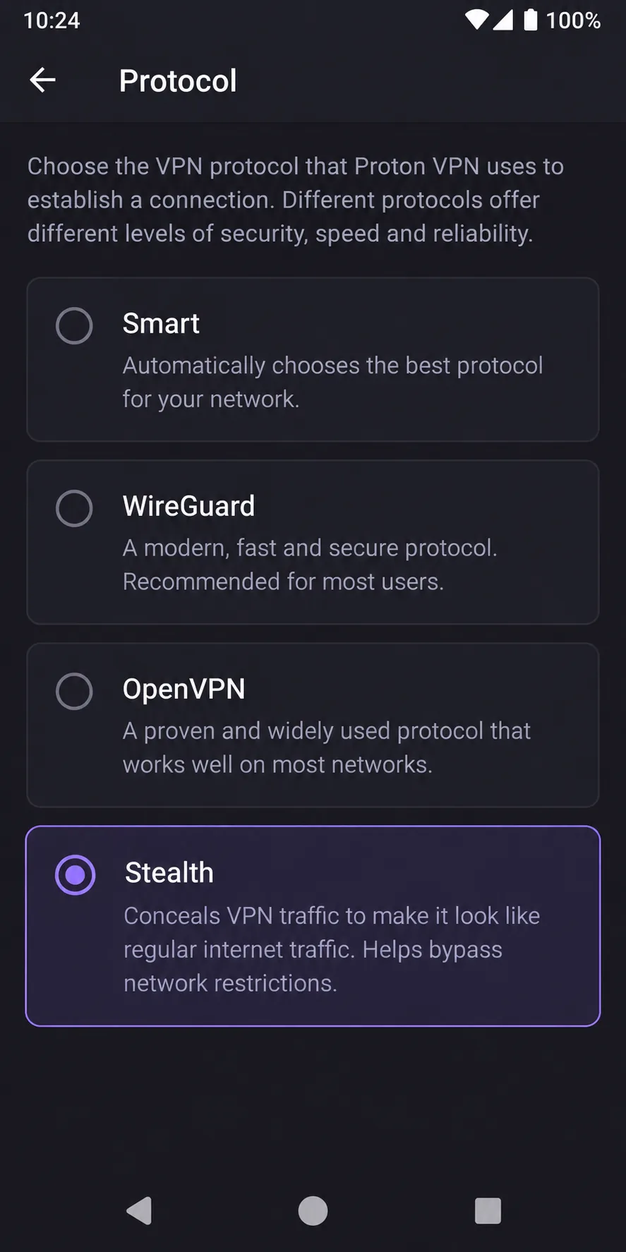 Proton VPN's Android app open on the Protocol settings screen, with the Stealth option selected beneath Smart, WireGuard and OpenVPN.