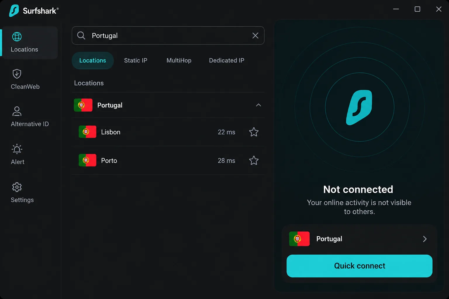 Surfshark's desktop app location list filtered to Portugal, showing separate Lisbon and Porto entries with their latency readings.