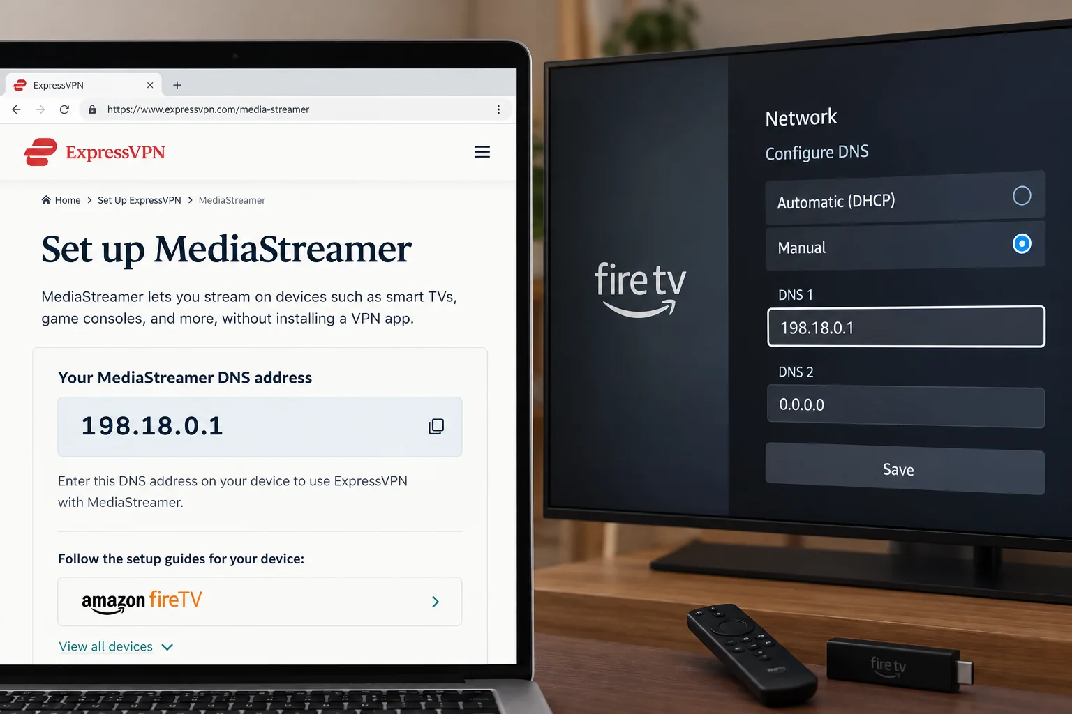 ExpressVPN's MediaStreamer setup page showing the smart DNS address to enter on an Amazon Fire TV, next to the Fire TV network settings screen.