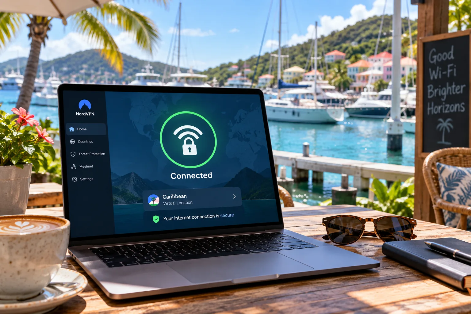 A laptop on a cafe table overlooking a Caribbean marina, with a VPN app on screen showing a connected status and a lock icon over the Wi-Fi symbol.