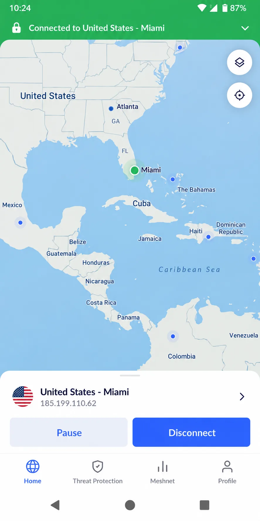 NordVPN's Android app connected to a Miami, United States server, with the map centred on Florida and the Caribbean and the green Connected status at the top.
