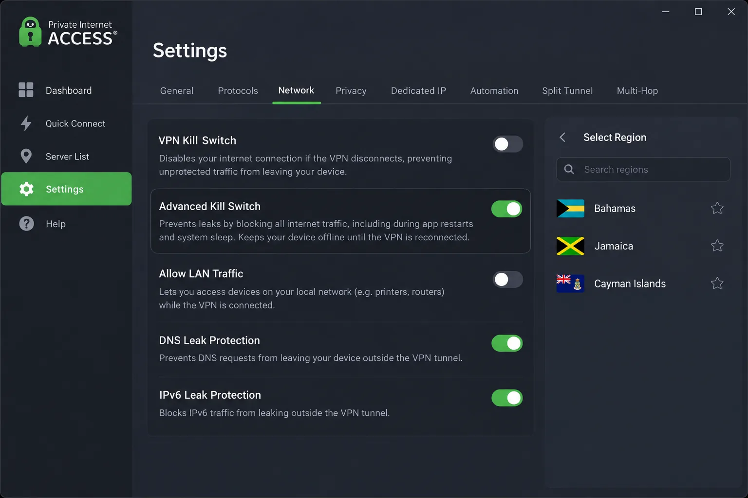 Private Internet Access settings screen on Windows with the Advanced Kill Switch toggle switched on and the region list showing Bahamas, Jamaica and Cayman Islands.