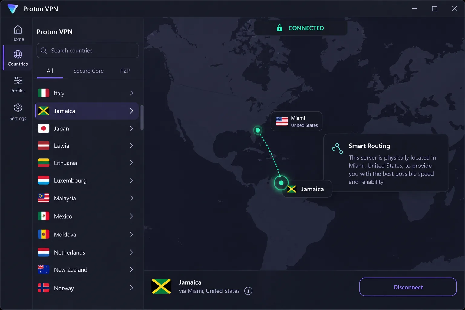 Proton VPN's desktop app with the Jamaica location selected and a Smart Routing label noting that the server is physically located in Miami, United States.