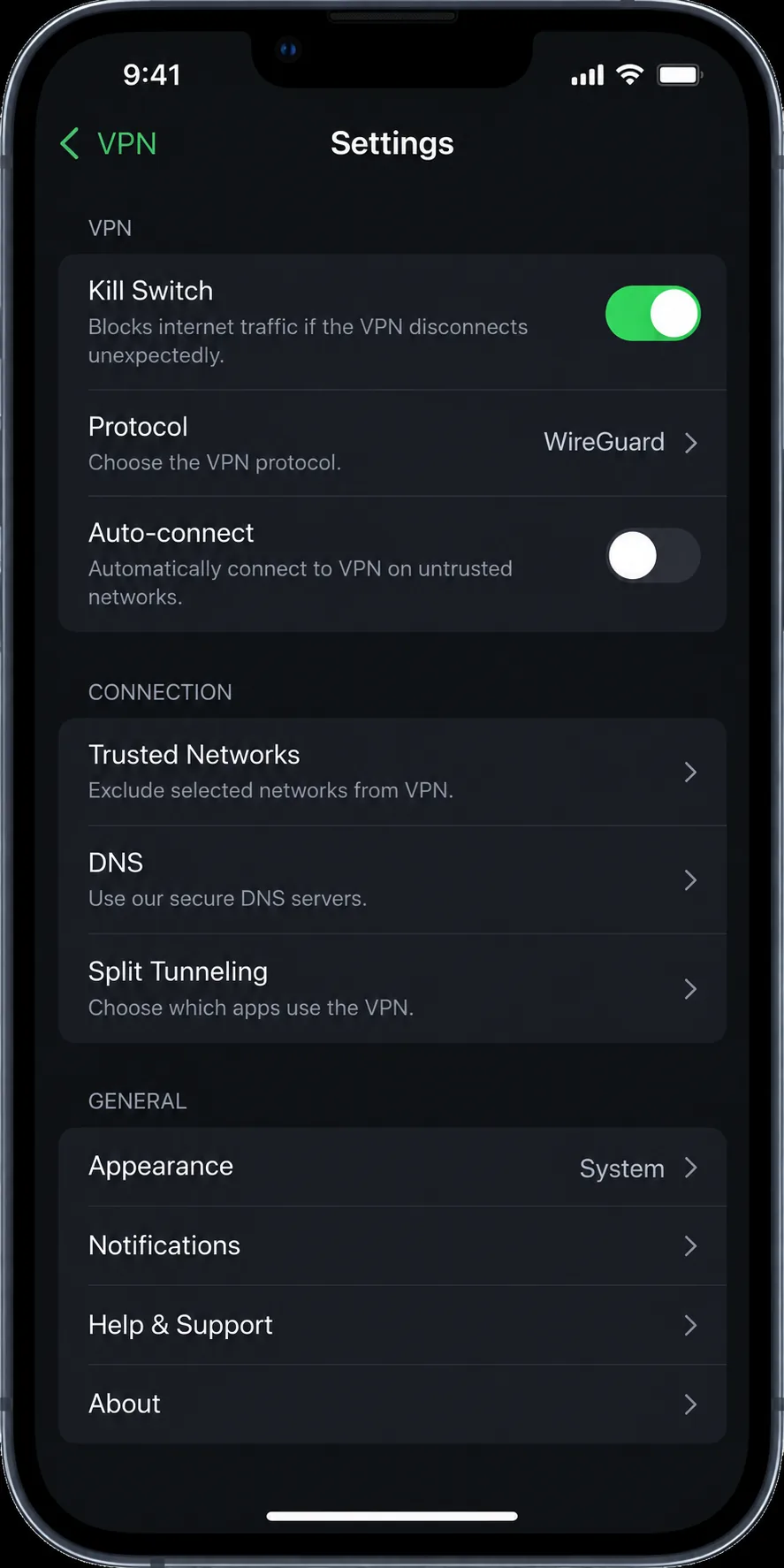 A VPN app's settings screen on an iPhone with the kill switch toggle turned on and the protocol menu set to WireGuard.