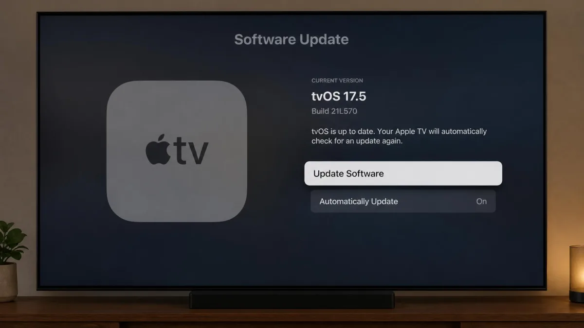 The Apple TV Software Update settings screen showing the current tvOS version and an Update Software button, displayed on a television.