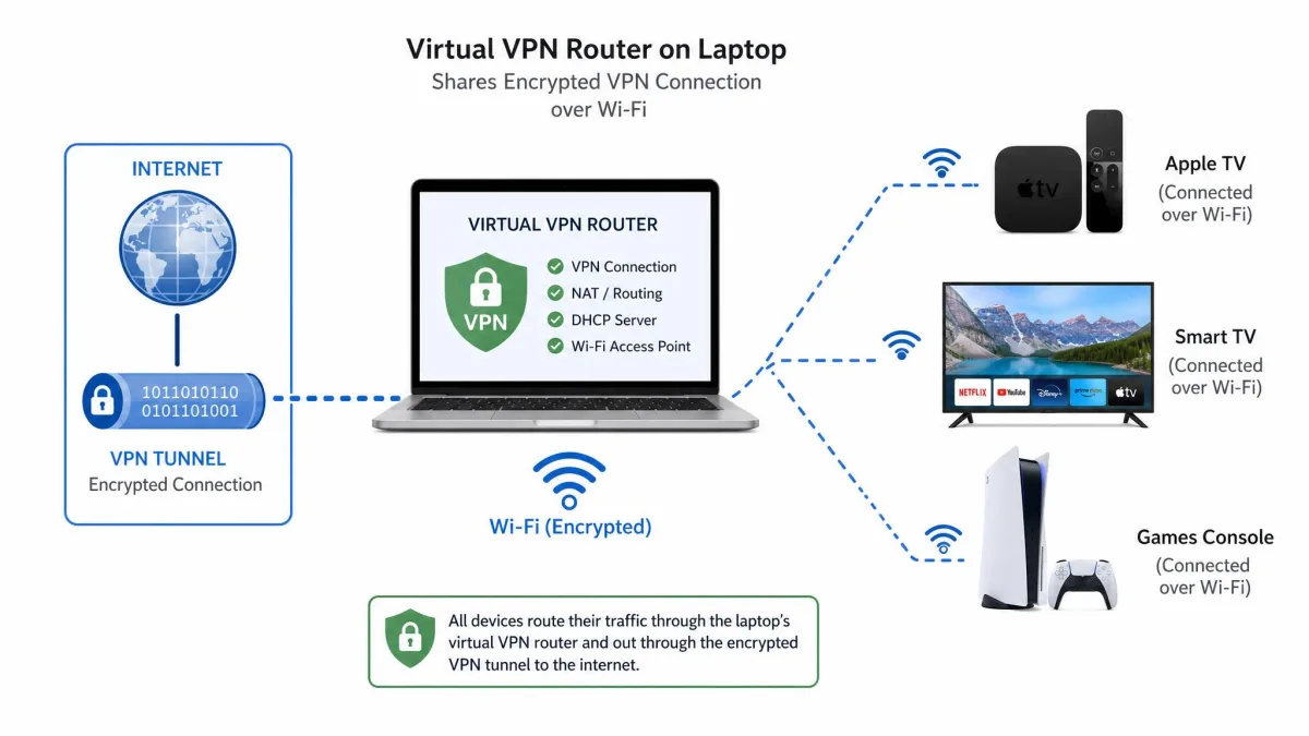 A network diagram showing a laptop running a virtual VPN router sharing an encrypted connection over Wi-Fi to an Apple TV, a smart TV and a games console, with a VPN tunnel icon between the laptop and the internet.