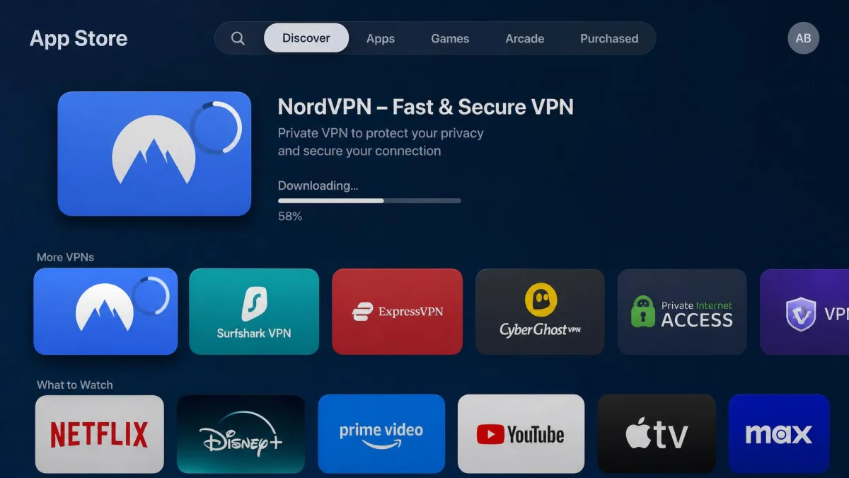 The tvOS App Store showing a VPN app mid-download with a circular progress indicator on its icon, other apps visible in the row behind it.