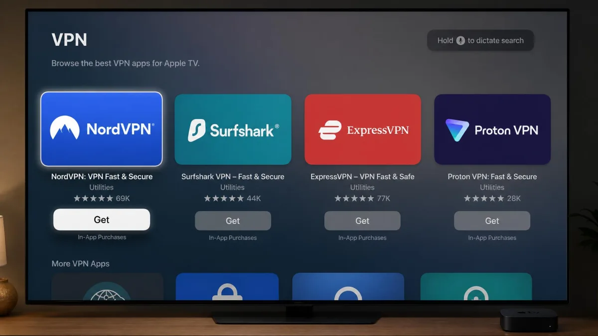 The tvOS App Store on an Apple TV 4K showing native VPN apps for NordVPN, Surfshark, ExpressVPN and Proton VPN in a grid, with the Get button highlighted on the first result.