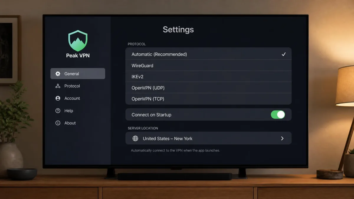 An Apple TV VPN app settings screen showing protocol options, a connect-on-startup toggle switched on, and a server location field, on a living-room television.