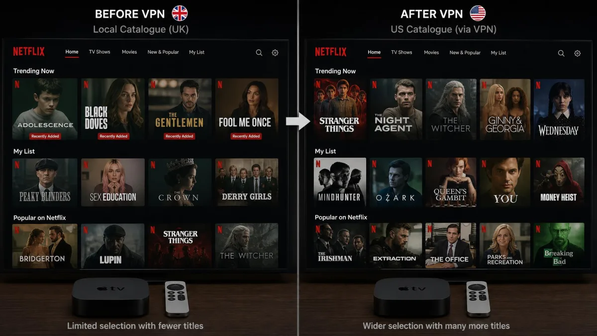 Split-screen comparison of the Netflix home screen on Apple TV showing a sparse local catalogue on the left and a fuller US catalogue on the right after connecting to a US VPN server.