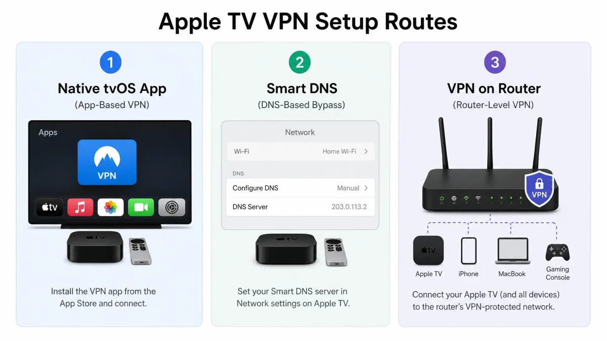 A three-panel diagram showing the Apple TV VPN setup routes: a native tvOS app icon, a Smart DNS settings screen, and a home router with a VPN badge, each labelled with its method name.