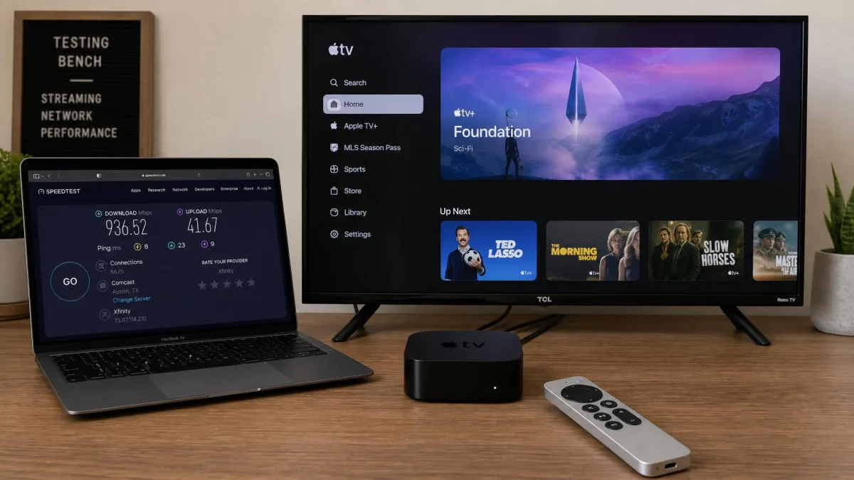 A testing bench with an Apple TV 4K connected to a television, a network speed-test result on a laptop screen alongside, and a remote control resting in the foreground.