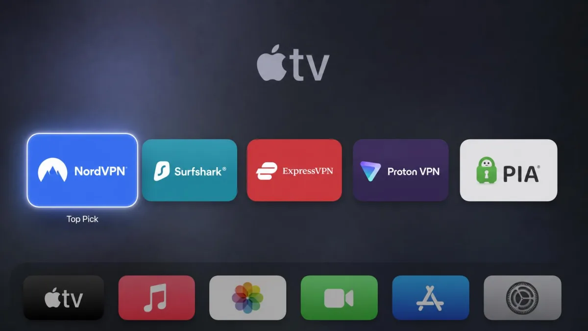 An Apple TV home screen with the NordVPN, Surfshark, ExpressVPN, Proton VPN and PIA app icons lined up in a row, NordVPN highlighted as the top pick.